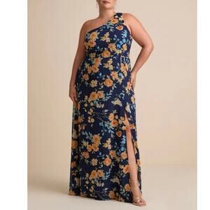 Lulus Navy Floral One Shoulder Maxi Dress 1X Slit Formal
